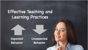 Teacher in front of chalkboard.  Effective Teaching and Learning Practices is written on board. Expected Behavior is displayed with an up arrow, while Unexpected behavior is displayed with a down arrow. 